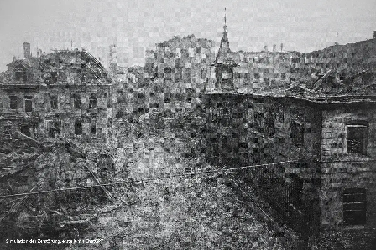 Anton Reiche Fabrik, zerstört im Krieg 1945 bei Luftangriffen, Simulation mit ChatGPT